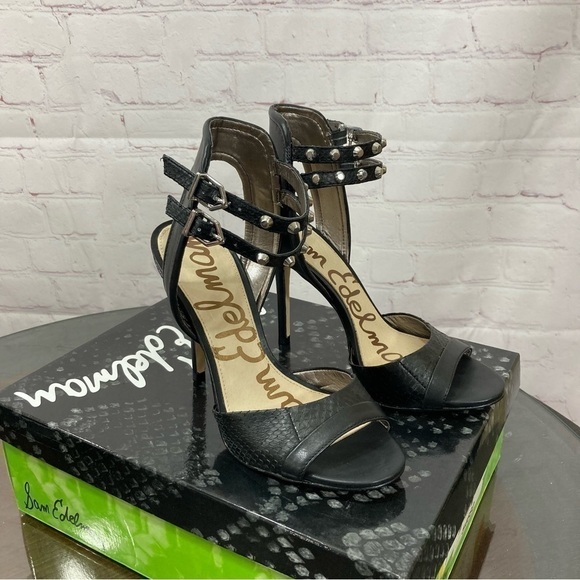 SAM EDELMAN AYDA BLACK LEATHER SNAKE SKIN EMBOSSED ANKLE STRAP SANDALS 7 - Picture 1 of 15